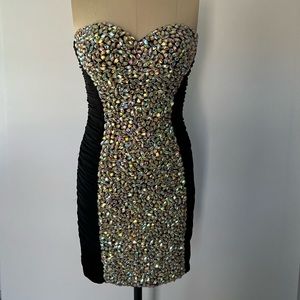 Bejeweled Bodycon Ruched Club Black Dress Size 0